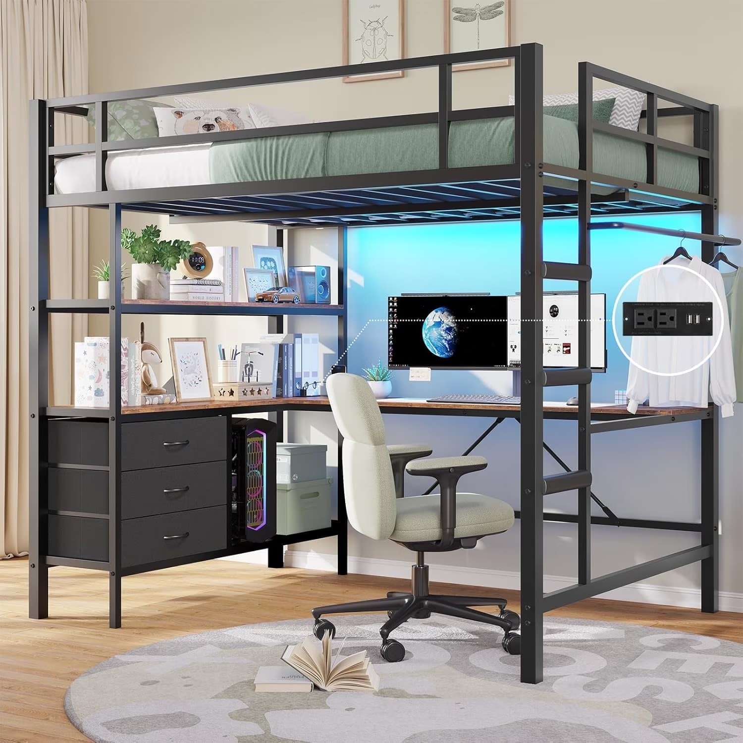 Twin Metal Loft Bed Frame with L-Shaped Desk&LED Lights&Charging Station, Black LED Loft Bed with 3 Storage Shelves&Drawers, No Box Spring Needed