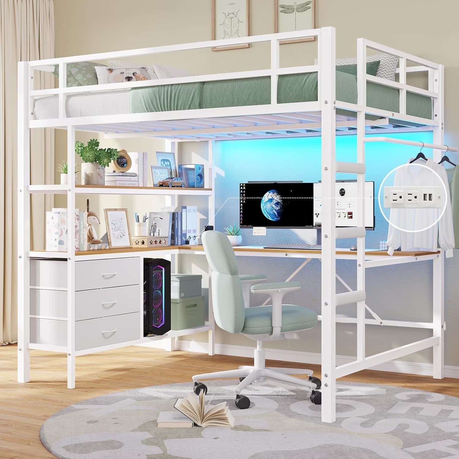 Twin Metal Loft Bed Frame with L-Shaped Desk&LED Lights&Charging Station, Black LED Loft Bed with 3 Storage Shelves&Drawers, No Box Spring Needed