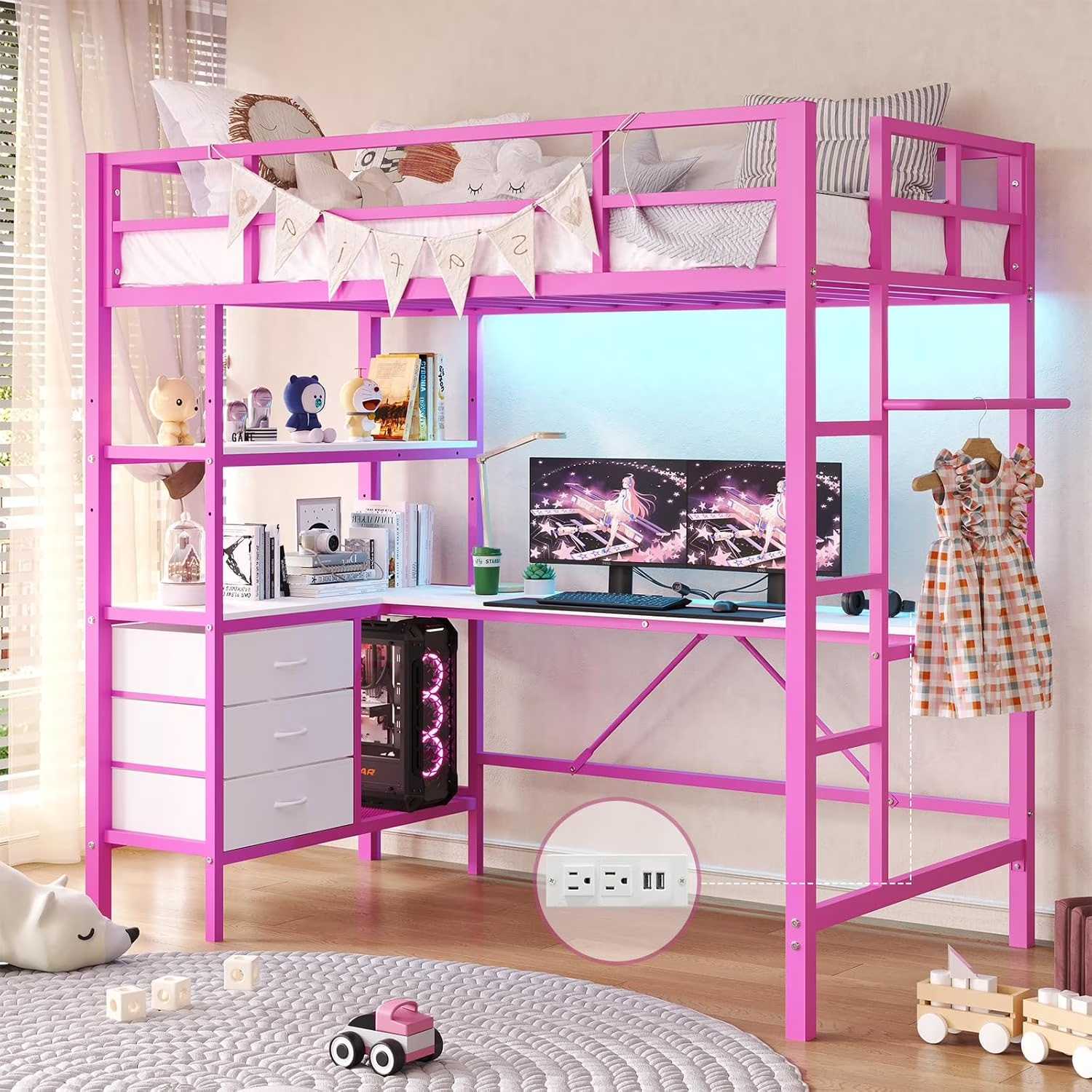 Twin Metal Loft Bed Frame with L-Shaped Desk&LED Lights&Charging Station, Black LED Loft Bed with 3 Storage Shelves&Drawers, No Box Spring Needed
