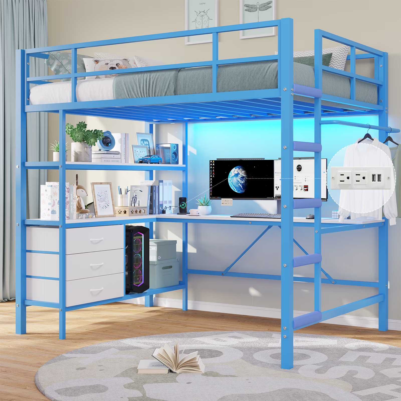 Twin Metal Loft Bed Frame with L-Shaped Desk&LED Lights&Charging Station, Black LED Loft Bed with 3 Storage Shelves&Drawers, No Box Spring Needed