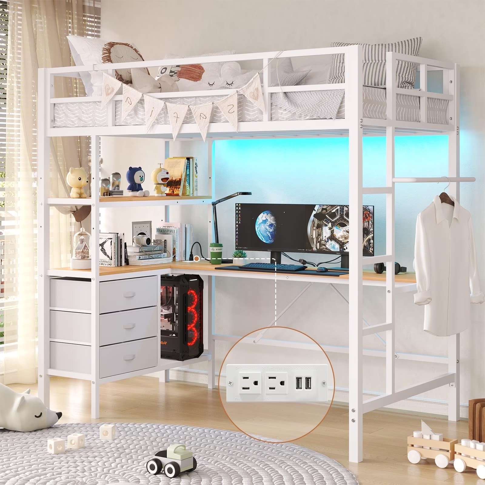 Twin Metal Loft Bed Frame with L-Shaped Desk&LED Lights&Charging Station, Black LED Loft Bed with 3 Storage Shelves&Drawers, No Box Spring Needed