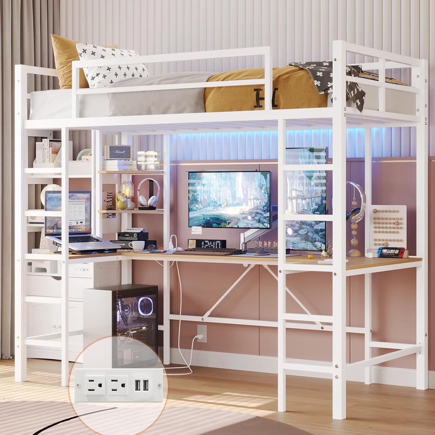 Twin Size Metal Loft Bed Frame with U shaped Desk&Charging Station&LED Lights, Twin Loft Bed Frame with Storage Shelves, Safety Guard & Ladder, Black