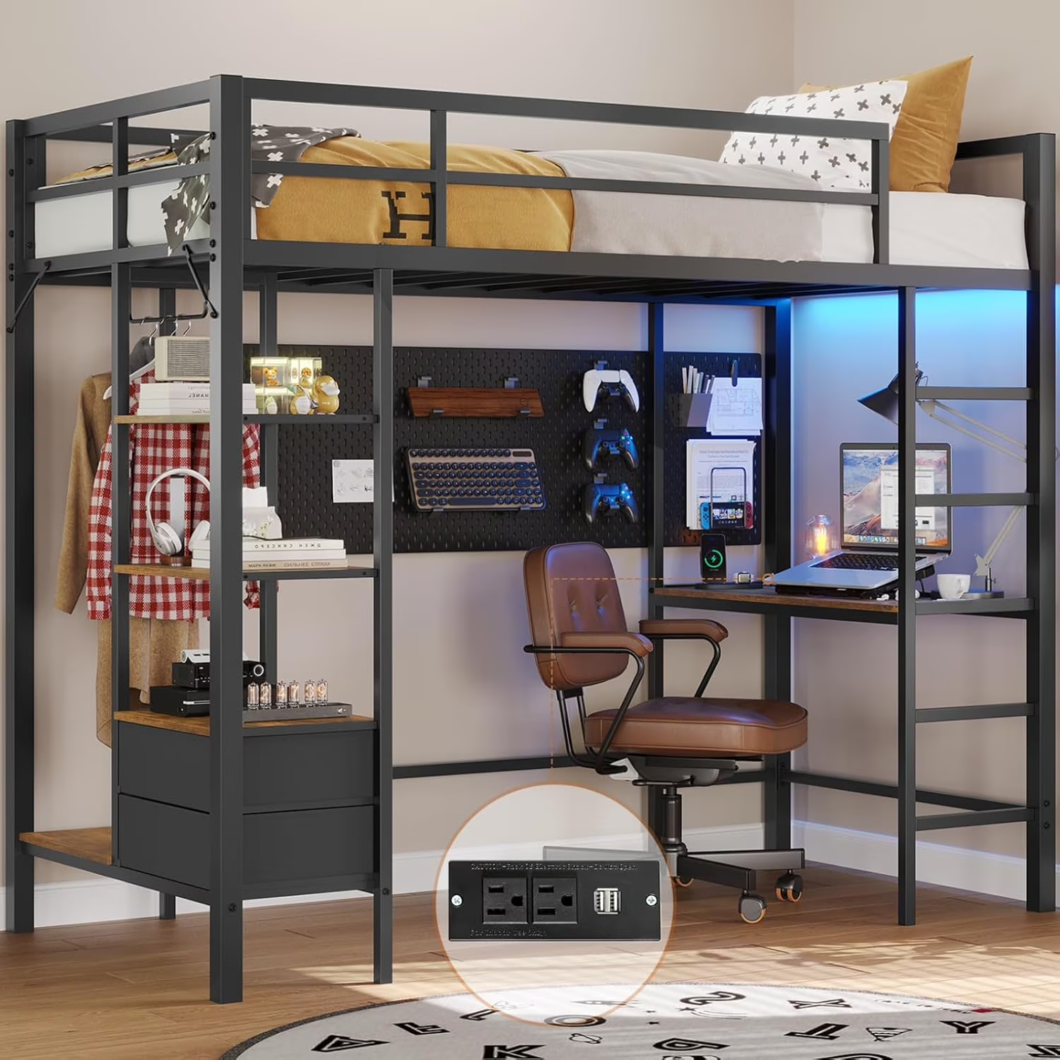 Mabor Twin Loft Bed with Desk&Charging Stations&Led Lights, LED Metal Loft Bed Frame with Storage Shelves&Drawers&Clothes Rail, Safety Guard & Ladder, Black