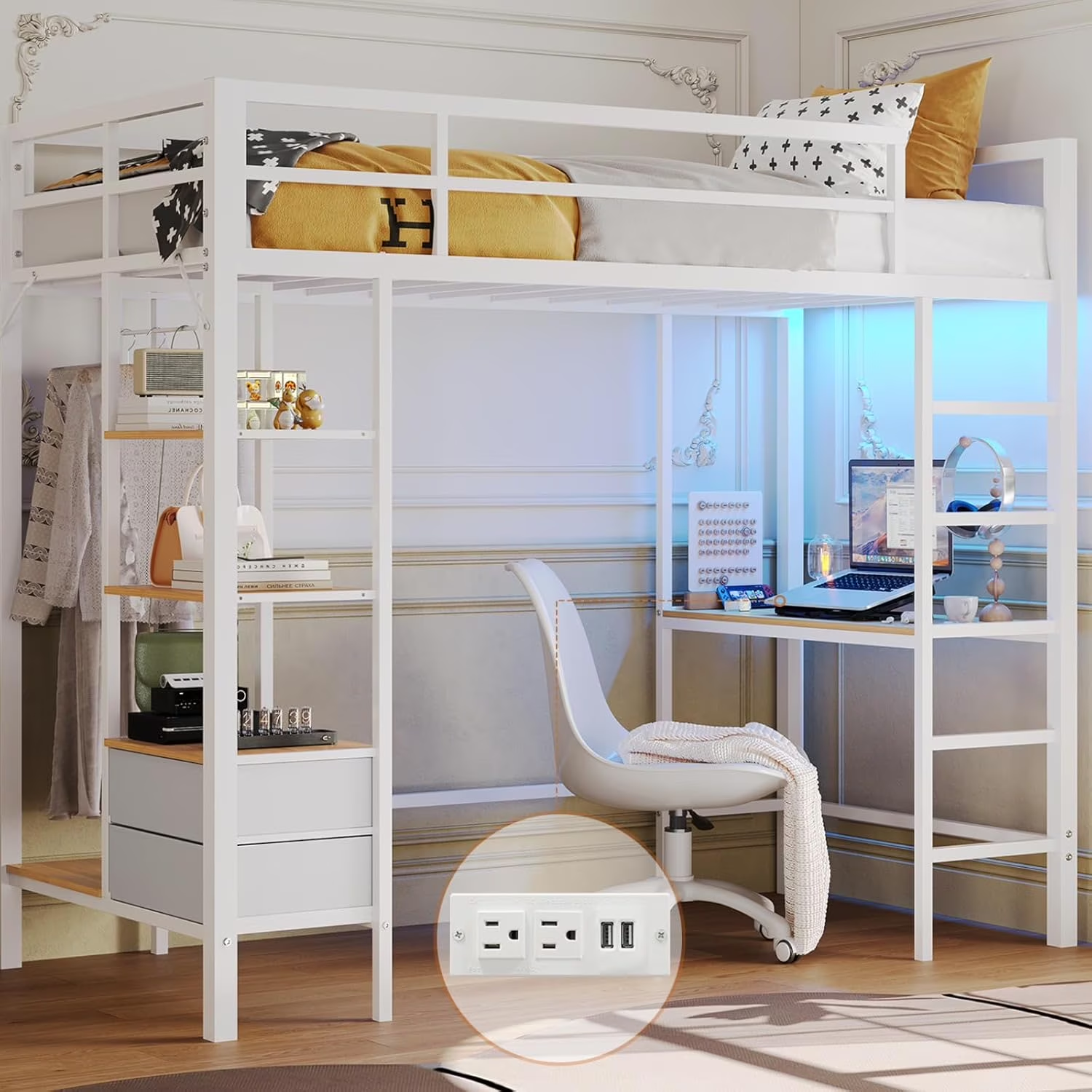 Mabor Twin Loft Bed with Desk&Charging Stations&Led Lights, LED Metal Loft Bed Frame with Storage Shelves&Drawers&Clothes Rail, Safety Guard & Ladder, Black