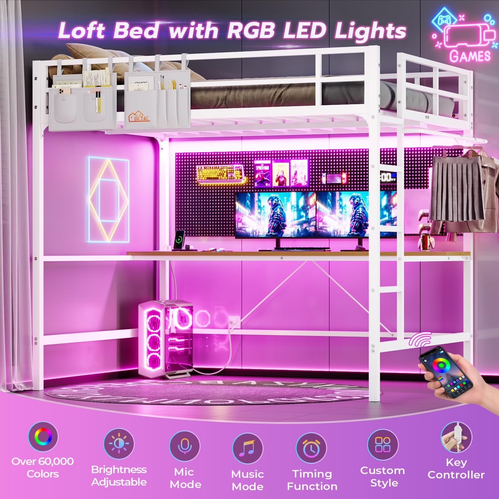Loft Bed Frame Full Size Heavy Duty Metal Loft Bed with Desk&Charging Station&Led Lights&Clothes Rail, Safety Guard & Ladder, No Noise, Black