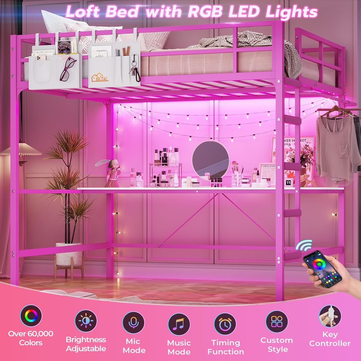 Loft Bed Frame Full Size Heavy Duty Metal Loft Bed with Desk&Charging Station&Led Lights&Clothes Rail, Safety Guard & Ladder, No Noise, Black