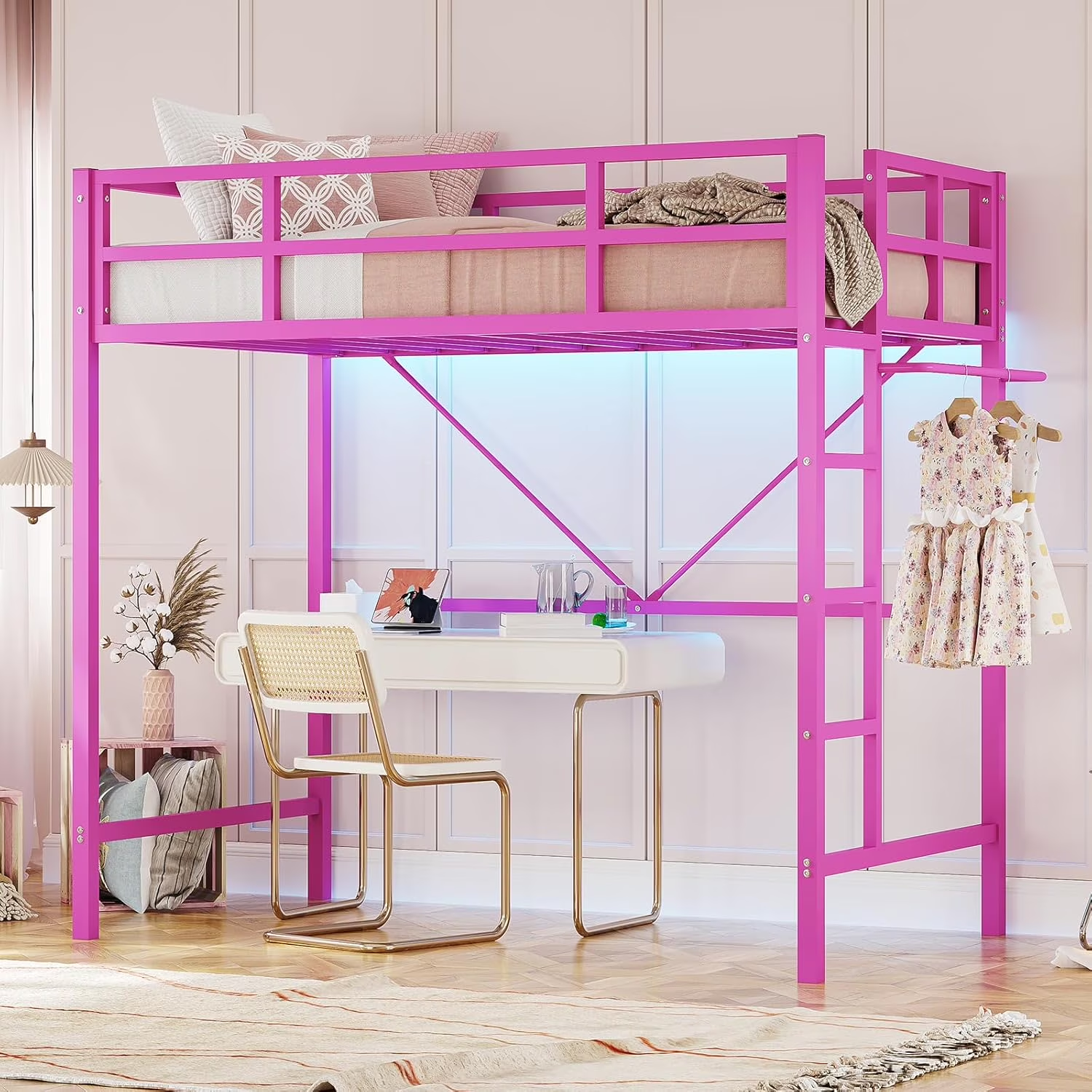 Twin Size Loft Bed Frame with Led Lights, Metal Loft Bed Frame with Full-Length Guardrail and Ladder, No Box Spring Needed, White