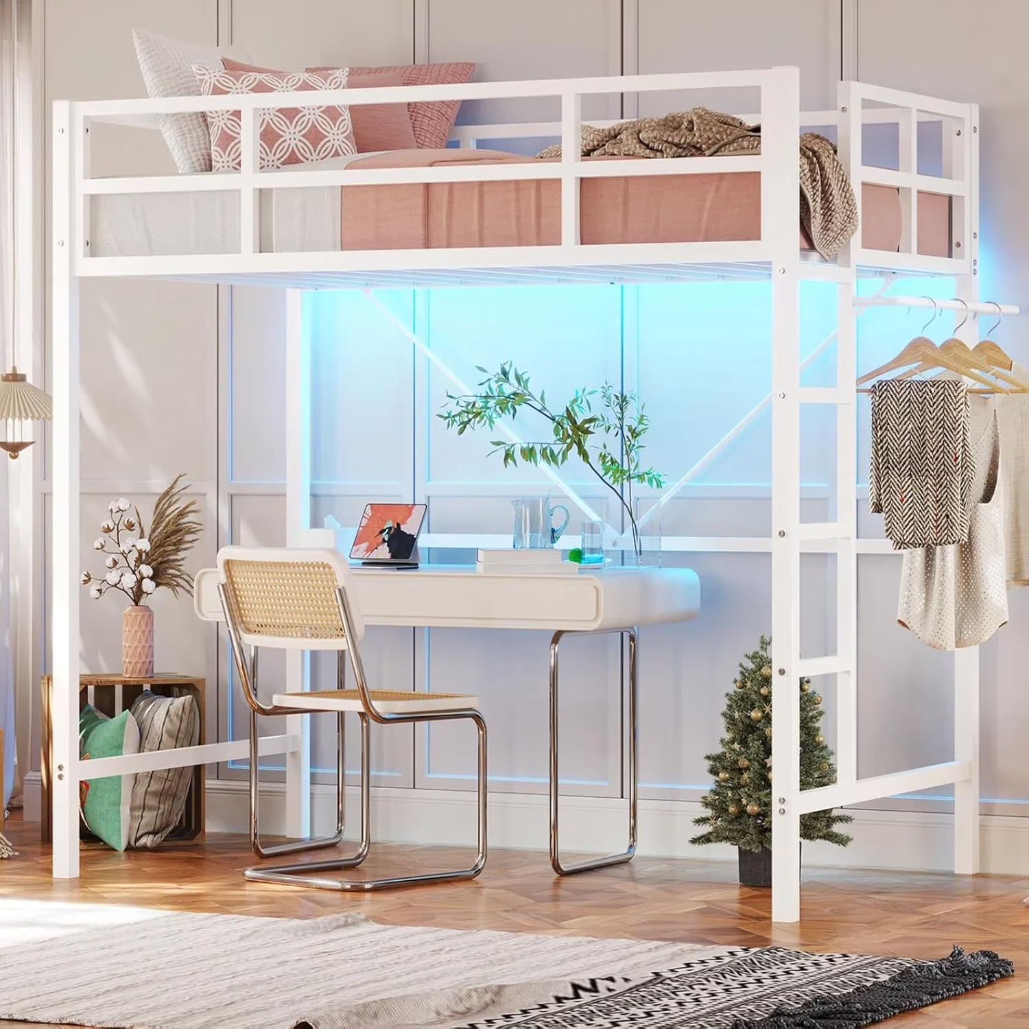 Twin Size Loft Bed Frame with Led Lights, Metal Loft Bed Frame with Full-Length Guardrail and Ladder, No Box Spring Needed, White
