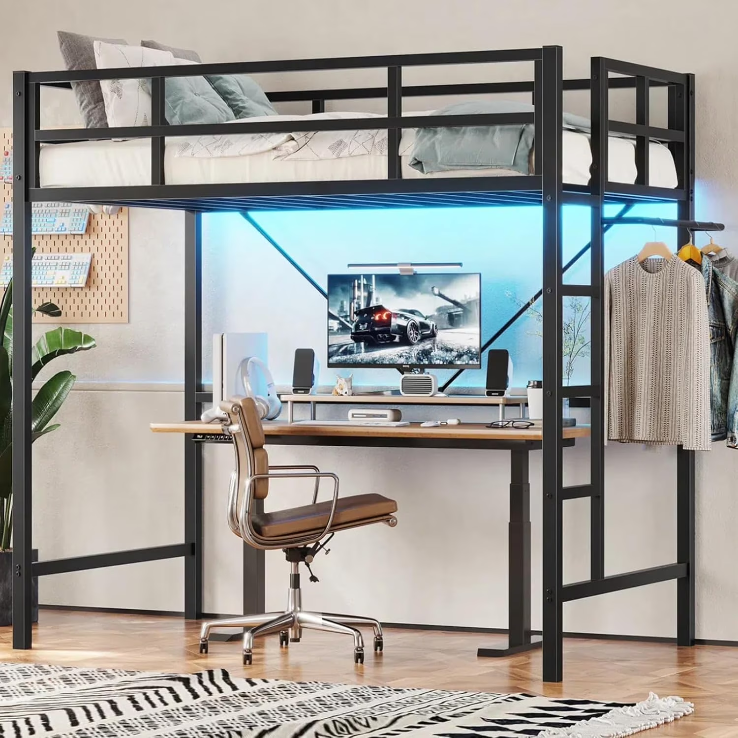 Twin Size Loft Bed Frame with Led Lights, Metal Loft Bed Frame with Full-Length Guardrail and Ladder, No Box Spring Needed, White