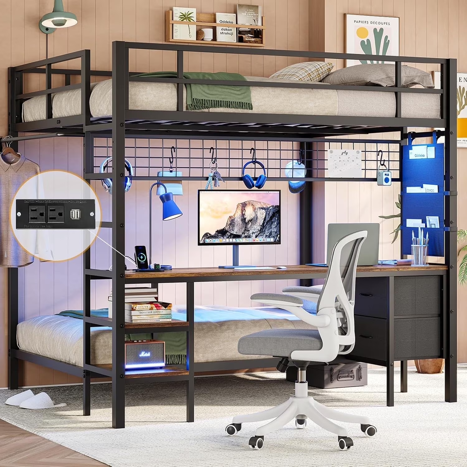 Full Over Twin Size Bunk Bed with Desk&Charging Station&LED Lights&Drawers&Storage Shelves, Full Over Twin Metal Loft Bed for Adults, No Box Spring Needed, White