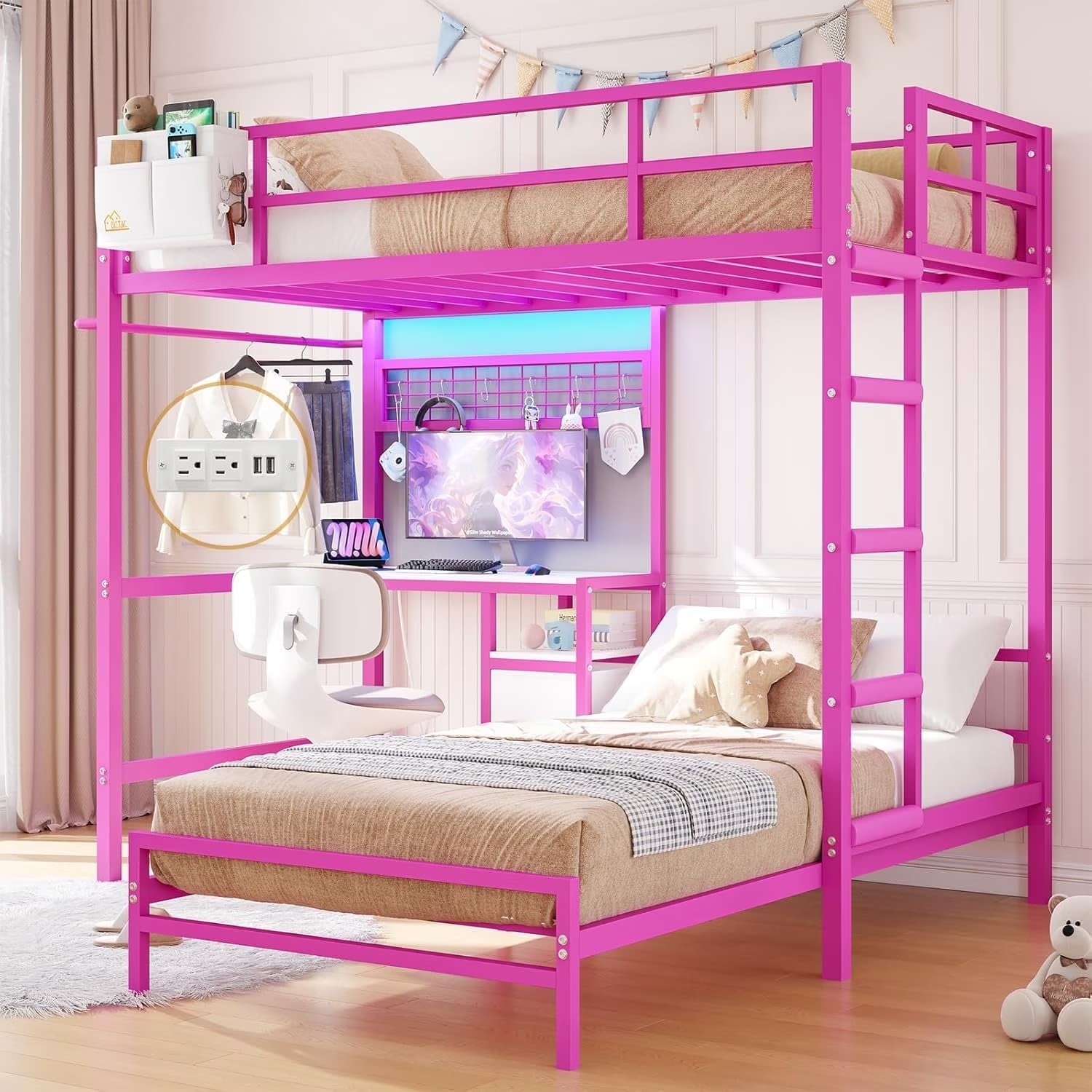 Mabor Metal Bunk Bed with Desk Twin Over Twin Size Bunk Bed with Charging Station and LED Lights, Twin Size Loft Bed Frame with Storage Shelves and Drawers for Bedroom, No Box Spring Needed, Black