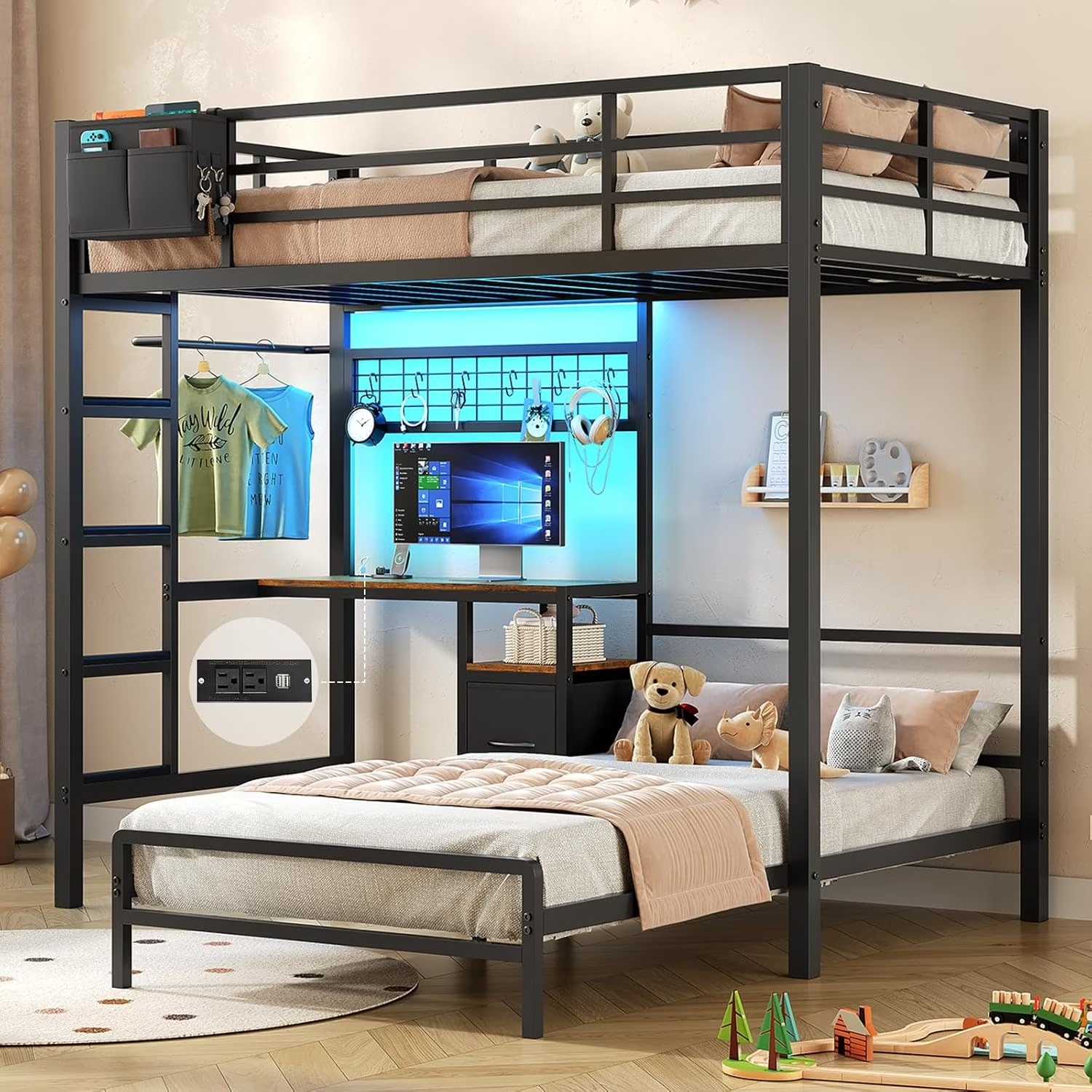Mabor Metal Bunk Bed with Desk Twin Over Twin Size Bunk Bed with Charging Station and LED Lights, Twin Size Loft Bed Frame with Storage Shelves and Drawers for Bedroom, No Box Spring Needed, Black