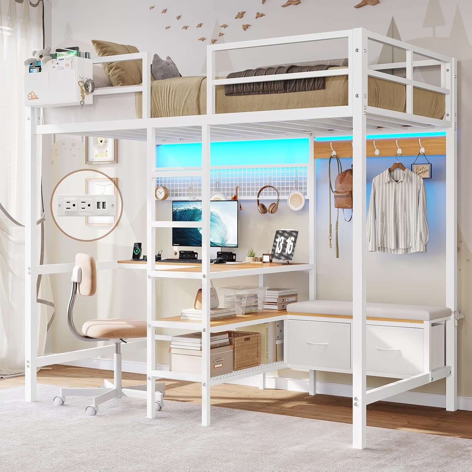 Twin Size Loft Bed with L-Shaped Desk&LED Lights&Charging Station, Twin Metal Loft Bed with Storage Shelves&Drawers,Top Bunk with Safety Guard & Stair, Black