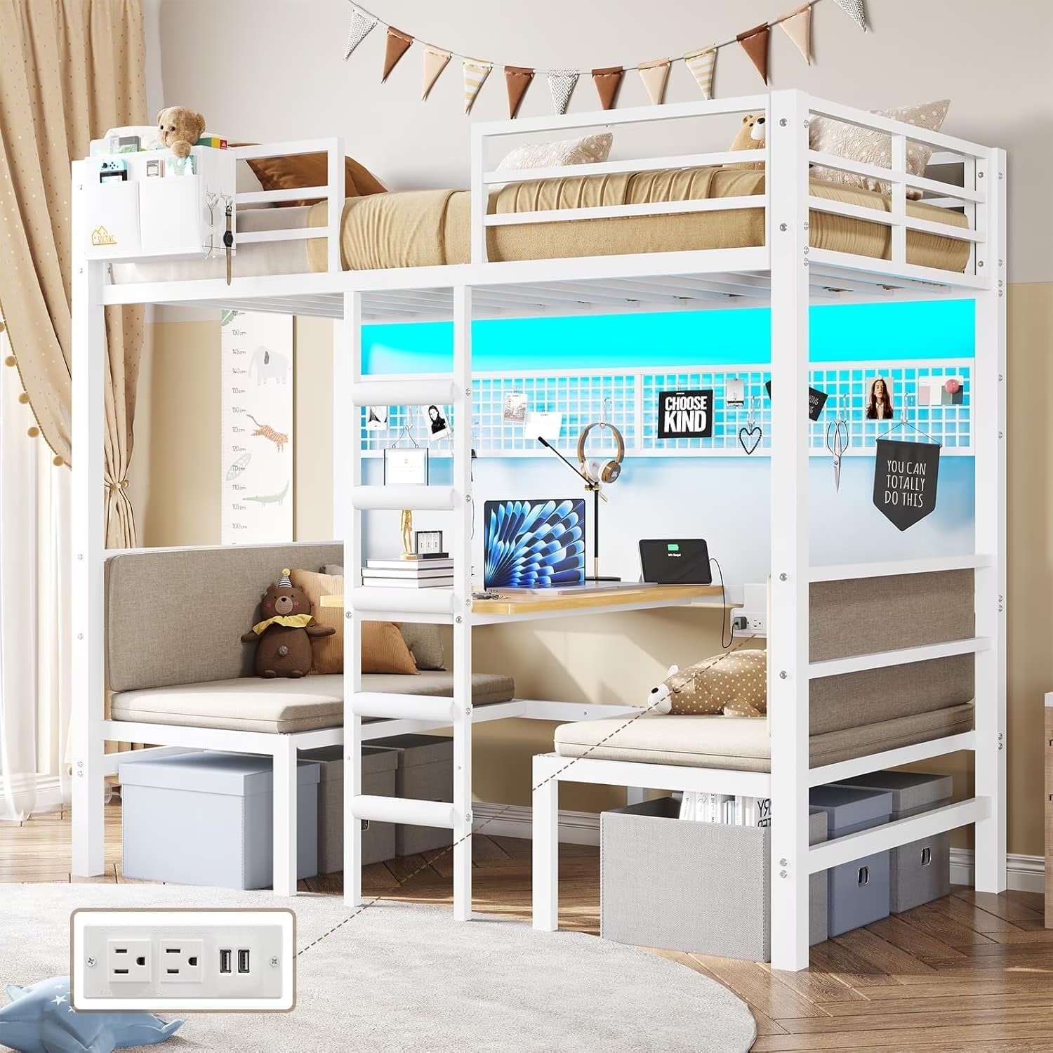 Twin Over Twin Metal Bunk Bed with Desk, Twin Size Loft Bed with Led Lights and Charging Station, Safety Guard and Stair, Convertible Metal Bunk Bed