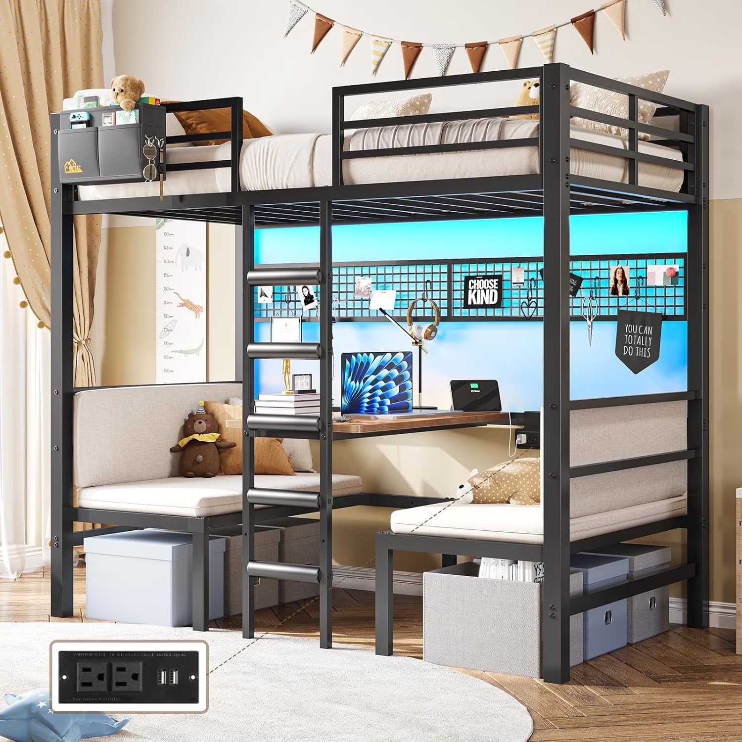 Twin Over Twin Metal Bunk Bed with Desk, Twin Size Loft Bed with Led Lights and Charging Station, Safety Guard and Stair, Convertible Metal Bunk Bed
