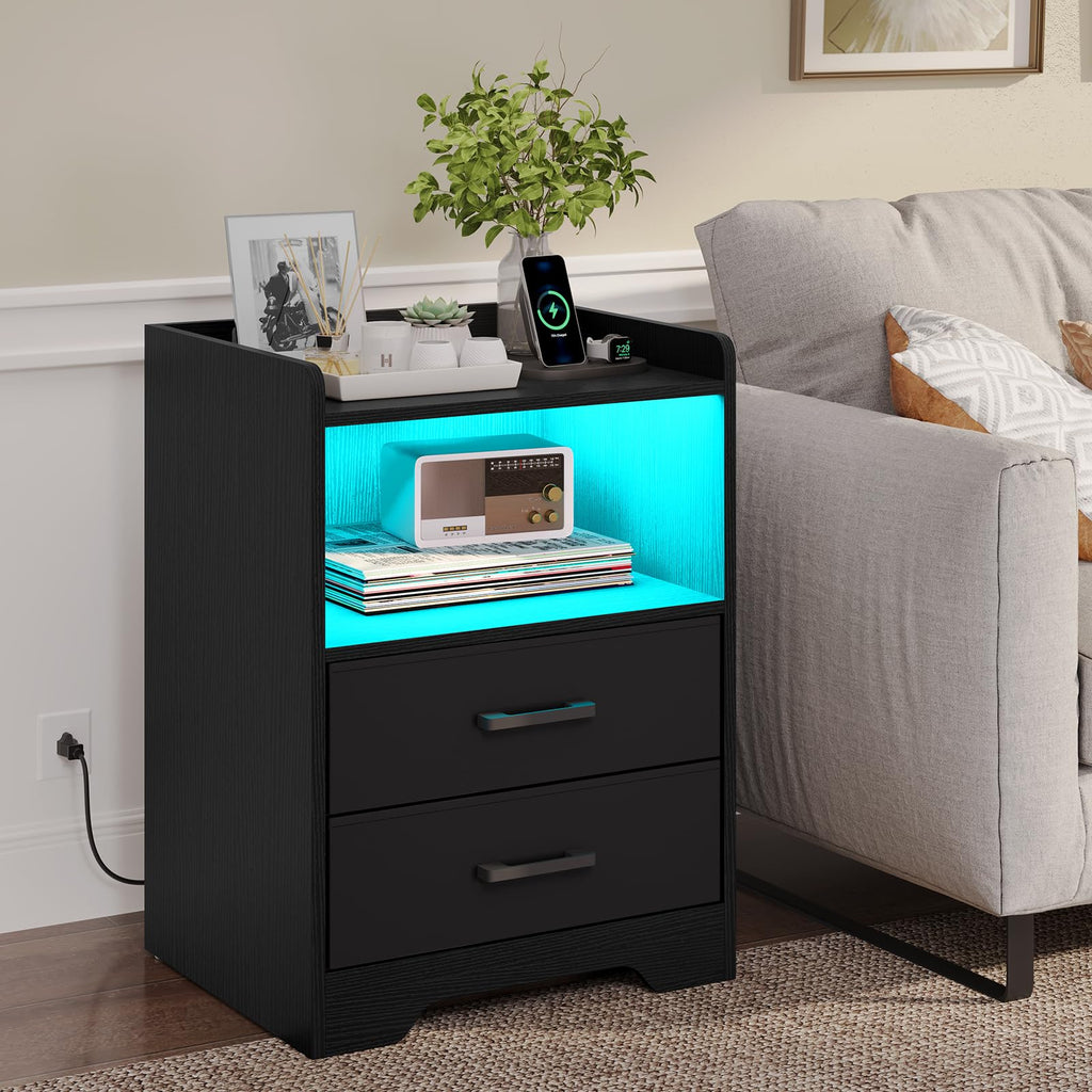 Black Nightstand Set of 2 with Outlets&USB Ports&LED Lights Modern Bedside Table Storage Cabinet with 2 Fabric Drawers for Bedroom