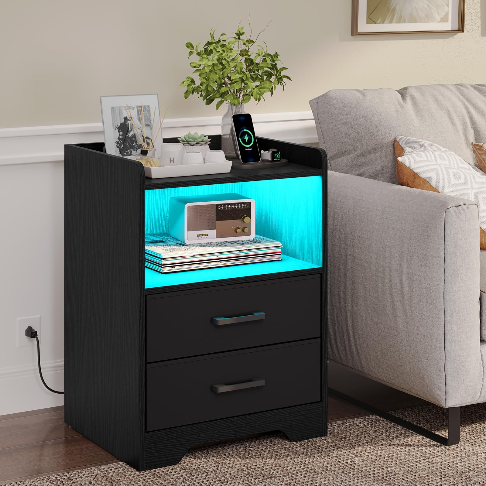 Black Nightstand Set of 2 with Outlets&USB Ports&LED Lights Modern Bedside Table Storage Cabinet with 2 Fabric Drawers for Bedroom