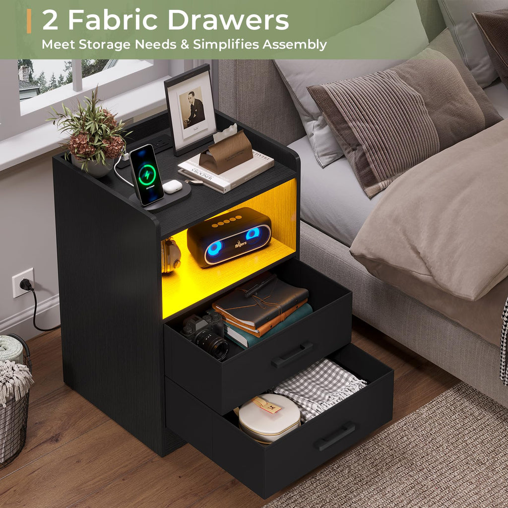 Black Nightstand Set of 2 with Outlets&USB Ports&LED Lights Modern Bedside Table Storage Cabinet with 2 Fabric Drawers for Bedroom